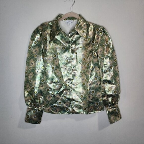 NWOT Topshop Metallic Green Floral Women 2 Button Up 70's Vibes Retro Shirt - Picture 2 of 12
